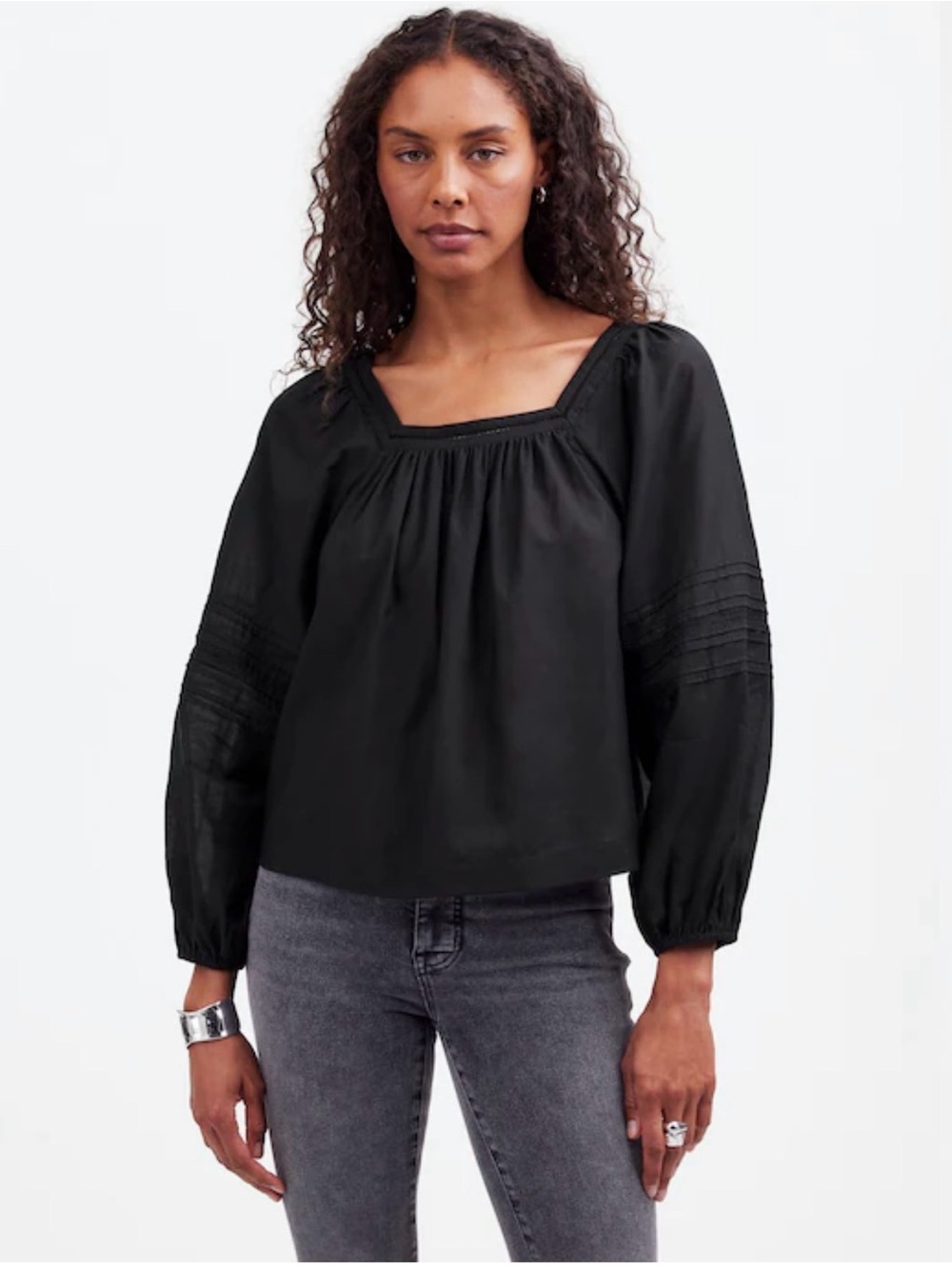 Madwell Black Square-Neck Peasant Blouse - Women Tops
